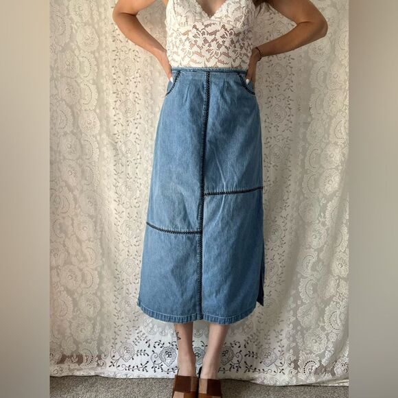 Vintage 90s Whipstitch Denim Midi Skirt Panel Stitch Detail Side Slit L - Picture 5 of 15